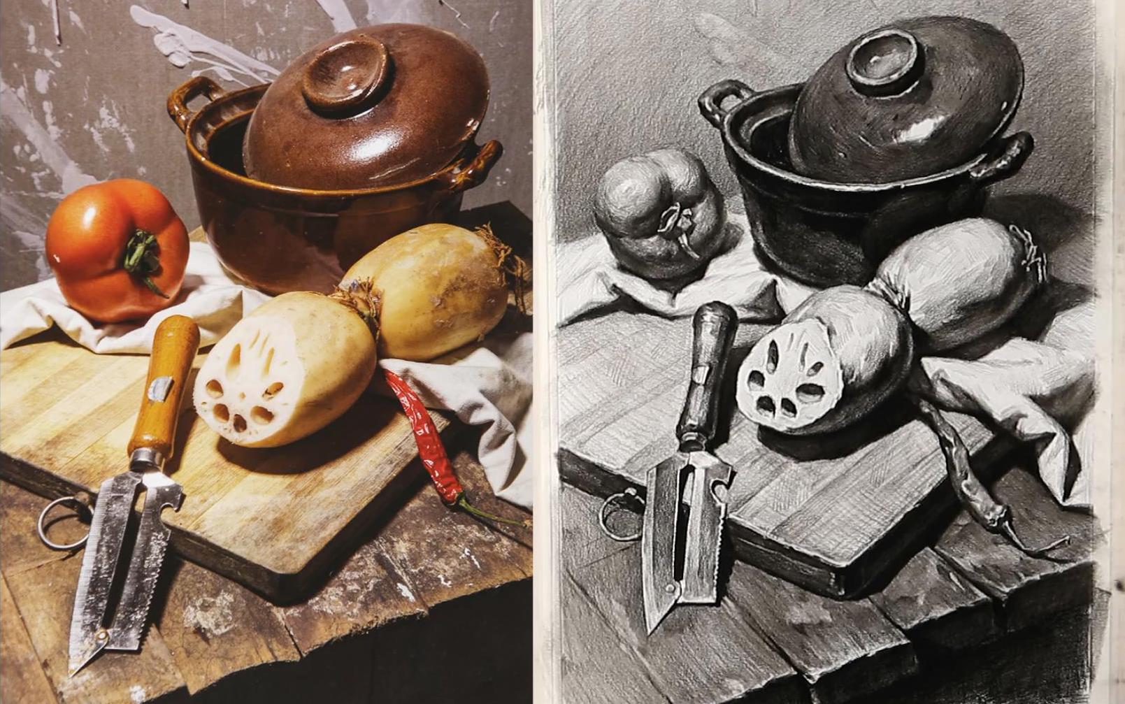 初级静物组合陶瓷砂锅藕柿子椒菜板 北京华艺名画室_哔哩哔.